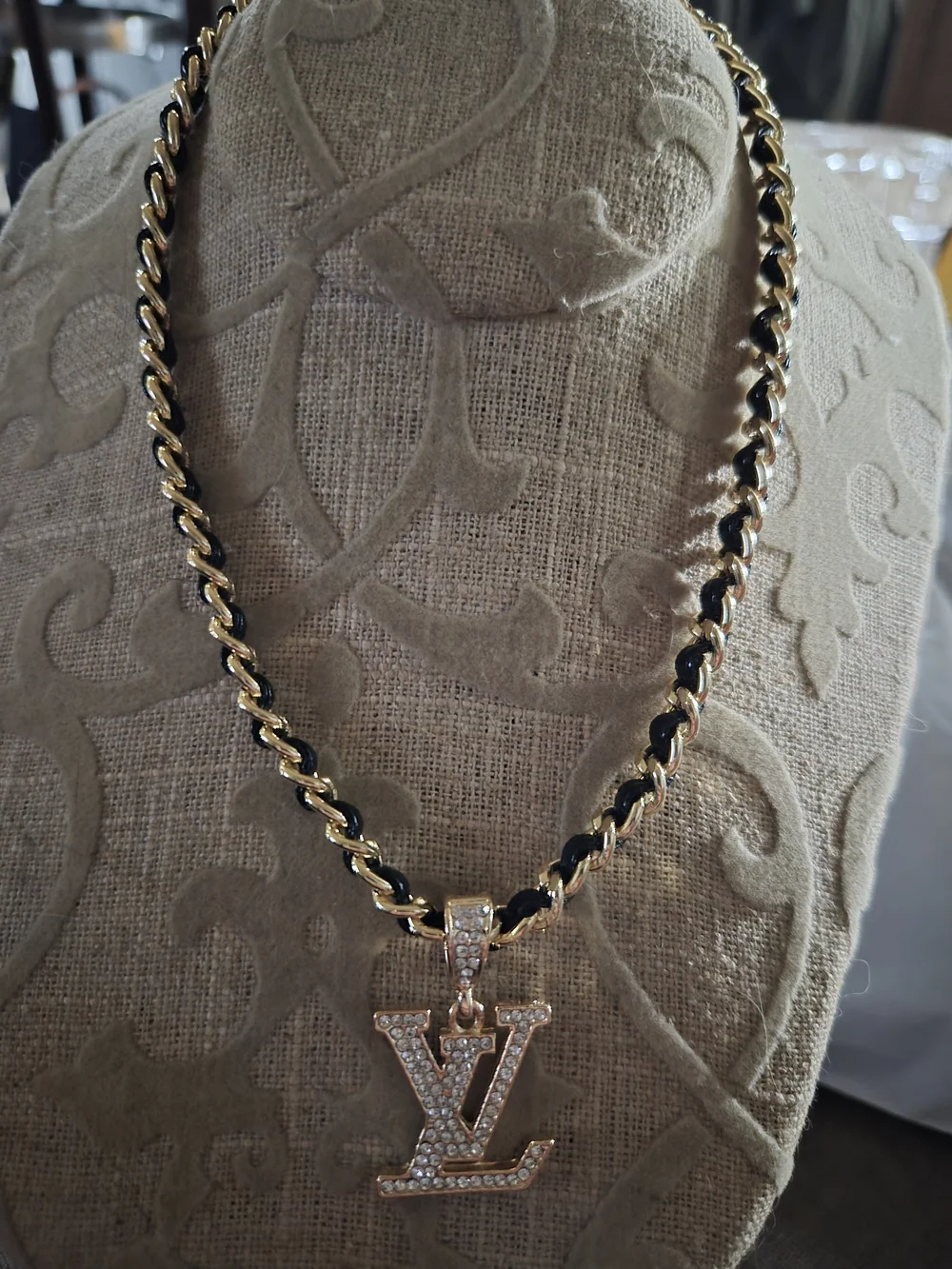 Louis Vuitton Gold and Black Braided Chain Necklace with Crystal LV Pendant